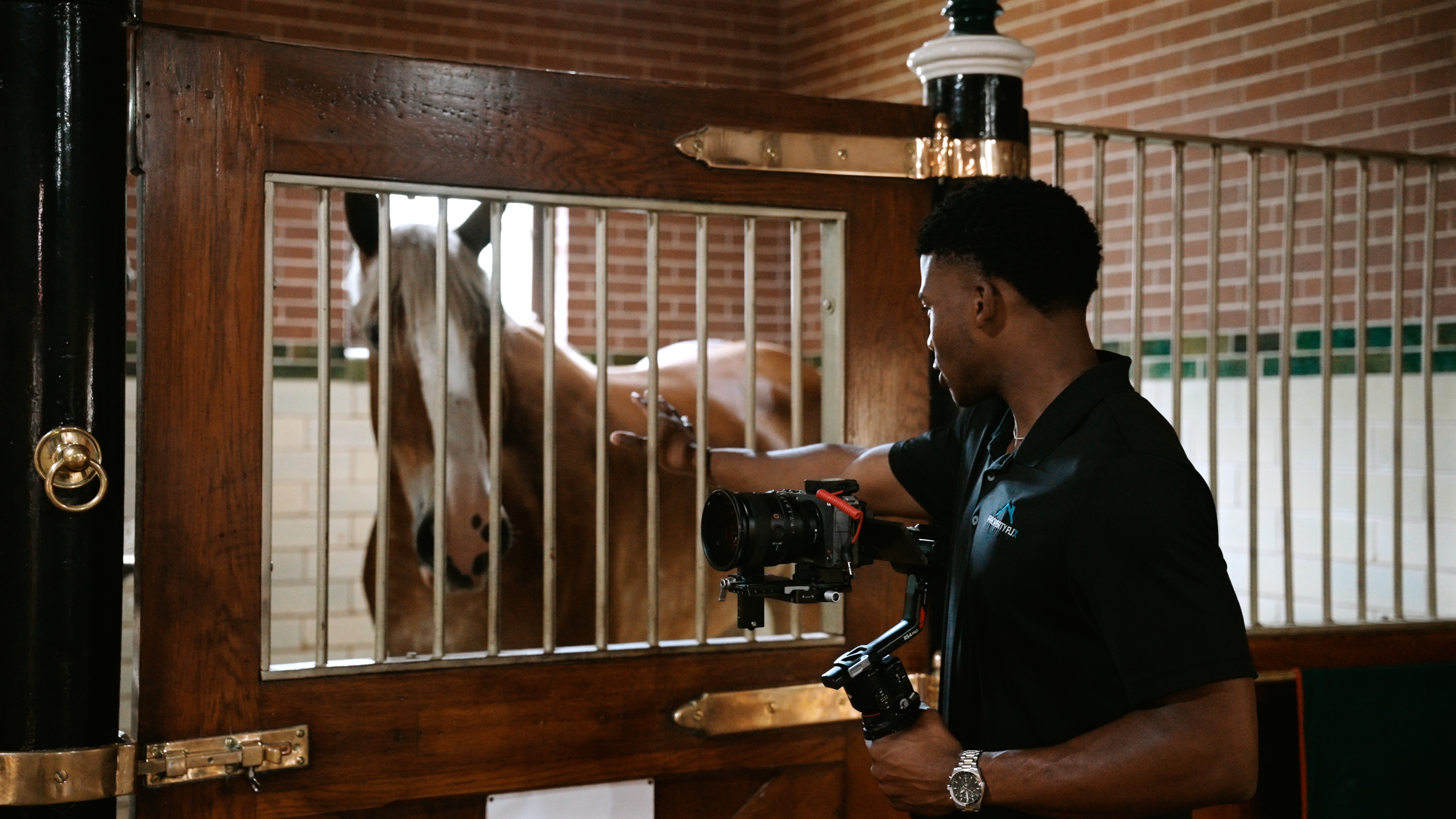 PropertyFlix videographer filming a horse in a brick stable